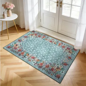 Washable Floral Area Rug - Light Green Low-Pile Carpet - Non-Slip Entryway Mat - Soft Accent Rug for Bedroom, Kitchen, Living Room, 2x3ft , Light Green