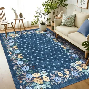 Blue 6x9 Area Rugs Washable Floral Rug with Non-Slip Backing for Living Room Bedroom Dining Room Low-Pile Carpet