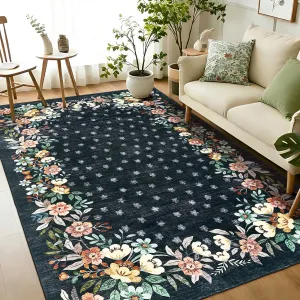 Black 8x10 Area Rugs Floral Washable Non-Slip Low-Pile Carpet for Living Room Bedroom Dining Room