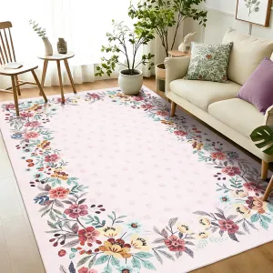 Pink 8x10 Area Rugs Washable Floral Rug Non-Slip Backing Low-Pile Carpet for Living Room Bedroom Dining Room