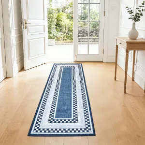 Area Rug 2x6 Blue, No Slip Washable Low-Pile Rug, Modern Checkered Pattern, Under Bed Carpet for Living Room Bedroom Dining Room