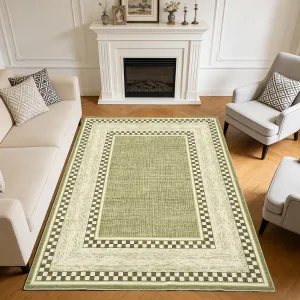 Area Rug 5x7, No Slip Washable Checkered Pattern Rug, Low-Pile, Green, Living Room Bedroom Dining Room