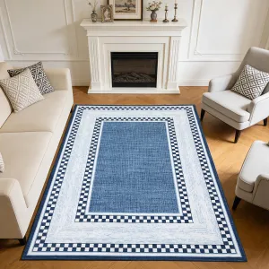 Area Rug 8x10, No Slip Washable Checkered Pattern Rug for Living Room Bedroom Dining Room, Blue, Low-Pile Design, Durable Pearl Velour