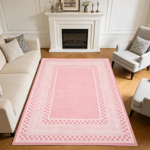 Area Rug 6x9, No Slip Washable Pink Checkered Pattern Rug for Living Room Bedroom Dining Room, Low-Pile Design