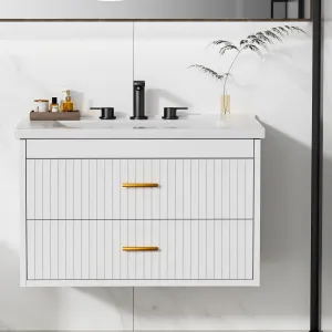 Modern 24" Wall-Mounted Floating Bathroom Vanity with Ceramic Sink and Soft-Close Drawers, White