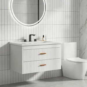 Modern 30" Wall-Mounted Floating Bathroom Vanity with Ceramic Sink and Soft-Close Drawers,  White