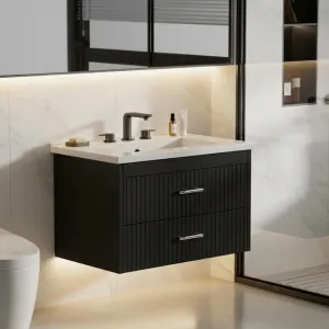 Modern 30" Wall-Mounted Floating Bathroom Vanity with Ceramic Sink and Soft-Close Drawers,  Black