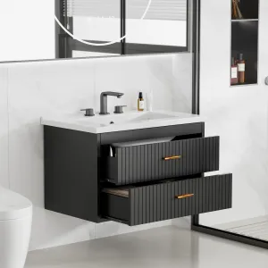 Modern 24" Wall-Mounted Floating Bathroom Vanity with Ceramic Sink and Soft-Close Drawers, Black