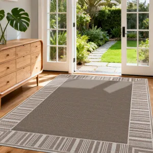 Washable Non-Slip Area Rug for Living Room, Bedroom, Dining Room, Patio – Taupe Striped edge, Low Pile, mark Resistant & Durable Carpet – collapsible Indoor Outdoor Floor Mat – 8x10ft