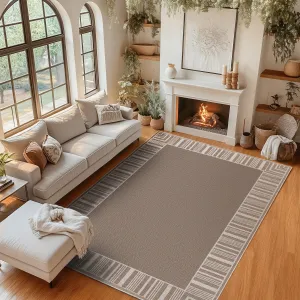 Taupe Striped Edge Area Rug 9x12ft – Washable, Non-Slip, Mark Resistant, Low Pile Rug for Living Room, Bedroom, Dining Room, Patio, Collapsible, Durable, Taupe