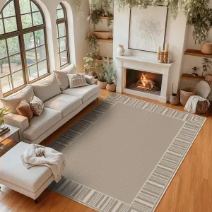 Striped Border Easy Jute Outdoor Rug 9x12 - Washable, Non-Slip, Polyester Linen-Style, Scratch & Stain Resistant, Patio & Living Room