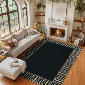 Washable Black Striped Area Rug 8x10ft - Indoor Outdoor Carpet - Non-Slip Low Pile, Highly Durable & mark Resistant - Living Room, Dining Room, Patio, Bedroom, Home Office