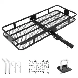 60"x20"x6" Folding Hitch Mount Cargo Carrier Basket, Tubular Steel, 500 lbs Capacity, with Folding Arm, Hitch Stabilizer, Cargo Net for Off-Road