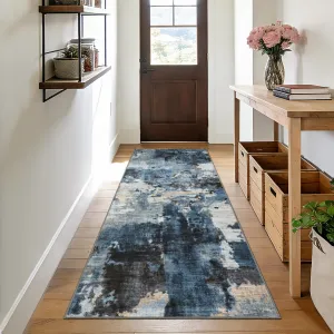 2x6 Abstract Washable Runner Rug, Non Slip Indoor Modern Low Pile Carpet for Bedroom Laundry, Blue