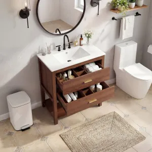 Mid-Century 30" Bathroom Vanity with U-Shape Drawers and Bottom Shelf, Walnut
