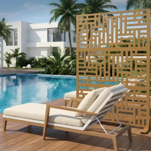 70"x47" 3-Panel Metal Outdoor Privacy Screen in Geometry Design for Patio, Deck, Balcony, Yard and Garden, Brown