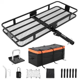 60"x24"x6" Folding Hitch Mount Cargo Carrier Basket with 25 Cubic Feet Waterproof Cargo Bag (60" x 24" x 31") - 500 lbs Capacity, Folding Arm, Hitch Stabilizer, Net, and Straps
