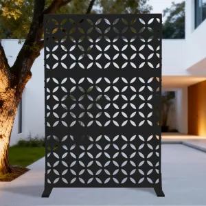 70"x47" 3-Panel Metal Outdoor Privacy Screen in Copper-Coin Design for Patio, Deck, Balcony, Yard and Garden, Black