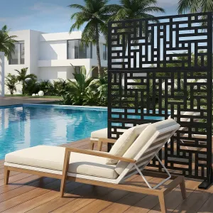 70"x47" 3-Panel Metal Outdoor Privacy Screen in Geometry Design for Patio, Deck, Balcony, Yard and Garden, Black