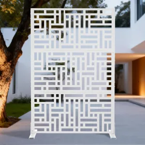 70"x47" 3-Panel Metal Outdoor Privacy Screen in Geometry Design for Patio, Deck, Balcony, Yard and Garden, White