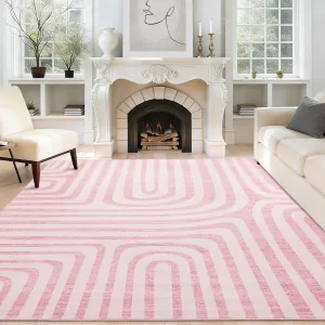8X10 Area Rugs for Living Room, Abstract Modern Washable Rugs, Non-Slip Low-Pile Soft Floor Carpet for Bedroom, Living Room, Dining Room, Pink