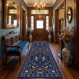 Floral Runner Rug 2x6 Washable Peacock Print Soft Non-Slip Low Pile Blue Accent Carpet for Entryway Bedside Kitchen Nursery