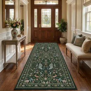 Floral Runner Rug 2x6 Washable Peacock Print Soft Non-Slip Low Pile Thin Carpet Green for Entryway Bedside Kitchen Nursery