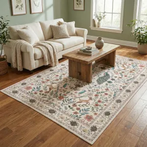 Floral 5x7 Area Rugs Washable Soft Indoor Non-Slip Low Pile Accent Rug Beige for Living Room Bedroom Nursery