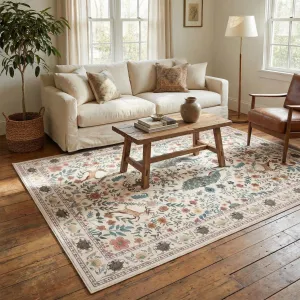 Large Washable Rug 9x12 Area Rugs For Living Room Non Slip Beige Floral Carpet