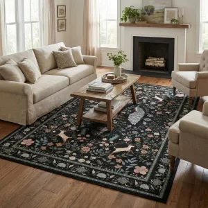Living Room Rug 8x10 Washable Floral Non Slip Low Pile Soft Black for Bedroom Dining Room Office