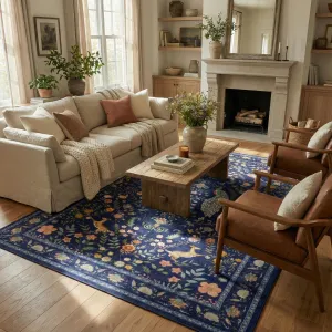 Living Room Rug 8x10 Washable Floral Rug Non Slip Low Pile Soft Blue for Bedroom Dining Room Office