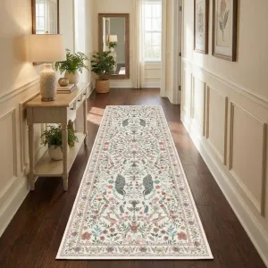 Floral Runner Rug 2x6 Washable Peacock Print Soft Non-Slip Low Pile Thin Carpet Beige for Hallway Kitchen Nursery