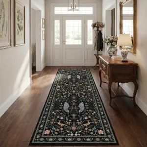 Floral Runner Rug 2x6 Washable Peacock Print Soft Non-Slip Low Pile Thin Carpet Black for Entryway Bedside Kitchen Nursery