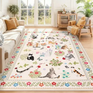 Washable Area Rug – Cat & Floral Edgeed, Non-Slip, Mark Resistant, Low Pile, Collapsible Modern Farmhouse Carpet – For Living Room, Bedroom, Nursery, Dining Room, Office – Beige, 9x12ft