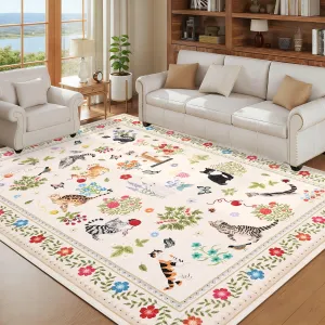 Washable Cat Area Rug – Modern Farmhouse Floral Edge, Non-Slip, Mark Resistant, Soft Low Pile Carpet – Collapsible, Non-Shedding for Living Room, Bedroom, Nursery, Dining Room, Office – Beige, 8x10ft