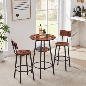 3 Piece Pub Dining Furniture Kitchen Counter Height Wood Top Bar Stool Table with Circular Shelf Footrest Backrest Rustic Brown