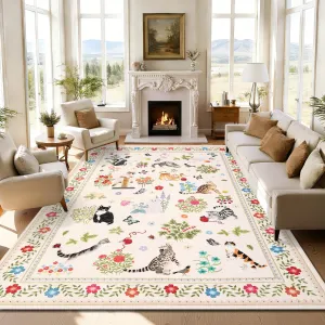 Washable Cat Print Area Rug – Modern Farmhouse Floral Edge, Non-Slip, Low Pile, Mark Resistant Carpet – Perfect for Living Room, Bedroom, Nursery, Office, Dining Room – Beige, 10x13ft