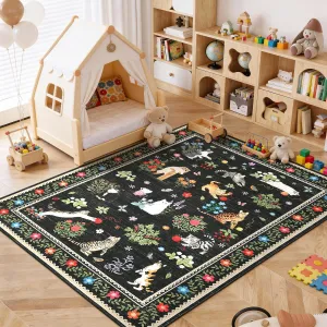 Washable Cat Area Rug – Modern Floral Edge, Non-Slip, Mark Resistant, Soft Low Pile Animal Print Carpet – For Living Room, Bedroom, Nursery, Dining Room – Black, 9x12ft