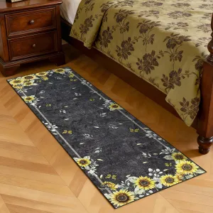 Sunflower Kitchen Runner Rug – Washable Non-Slip Low Pile Throw Carpet for Bedroom, Entryway, Laundry, Hallway – Soft Modern Floral Area Rug, Mark Resistant, Collapsible – Black, 2x6ft