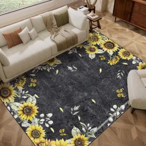 Sunflower 5x7ft Washable Area Rug – Modern Floral Print, Soft Low Pile Non-Slip Carpet for Living Room, Bedroom, Kids Room – Collapsible Thin Mat – Black, Brown