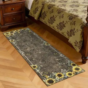 Sunflower 2x6ft Washable Non-Slip Runner Rug – Modern Low Pile, Mark Resistant Soft Floral Carpet Mat for Kitchen, Bedroom, Entryway, Laundry – Collapsible, Thin, Brown