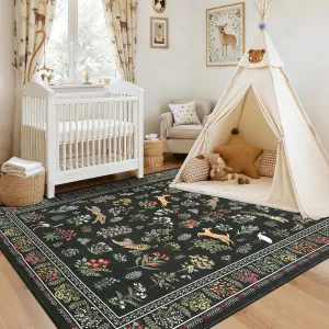 Jungle Print Washable Area Rugs 5x7, Non Slip Soft Animal Print Carpet for Kids Room Living Room, Black