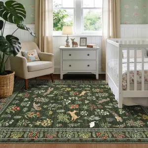 Animal Print Green 4x6 Nursery Rugs, Large Indoor Modern Jungle Print Area Rug for Living Room Bedroom, Ultra Thin Stain Resistant Throw Carpet for Kids Room Classroom Playroom