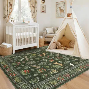 Animal Print Green Nursery Rug 5x7 Ultra Thin Stain Resistant Non Slip Indoor Jungle Area Rug for Kids Room Bedroom