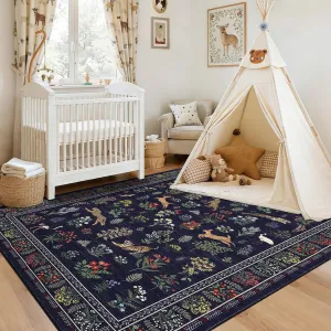 Jungle Print Blue 6x9 Rugs for Living Room, Washable Soft Ultra Thin Non Slip Area Rug for Bedroom Nursery, Stain Resistant Animal Print Carpet for Home Decor