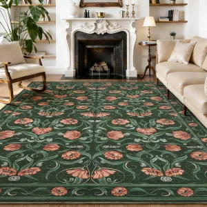Deep Green Floral Area Rug for Living Room – Modern, Washable, Non-Slip, Low-Pile Soft Carpet – Bedroom, Dining Room Mat – 8x10ft, Dark Green