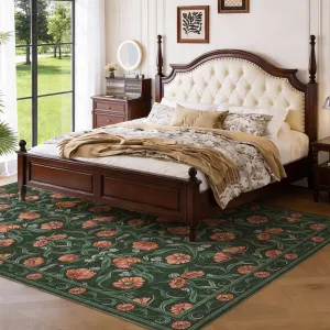 Modern Floral Area Rug 6x9ft – Washable Non-Slip Low-Pile Carpet – Deep Green – Soft and Cozy for Bedroom, Living Room, Dining Room, 6x9
