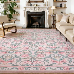 Modern Washable Pink Floral Area Rug - Soft Low-Pile Non-Slip Carpet for Living Room, Bedroom, Dining Room - Home Decor, 10x13ft