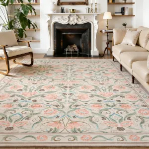 9x12 Floral Modern Area Rug for Living Room, Soft Low-Pile Carpet, Machine Washable, Non-Slip TPR Backing, Kids & Pet Friendly, Beige