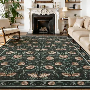 10x13 Floral Area Rug, Modern Washable, Non-Slip Low-Pile, Soft Fabric, Kids & Pet Friendly, Black, Living Room Bedroom
